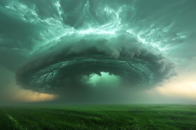 Green supercell storm over a rural landscape