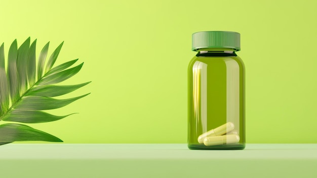 Photo green supplement bottle with pills and palm leaf on green background a green supplement bottl