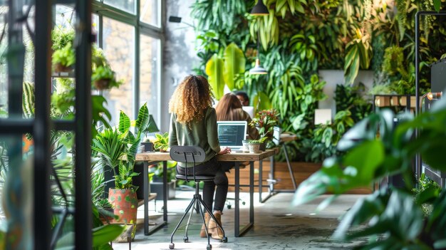 a green sustainable office with indoor plants natural light recycled materials and young professionals working at standing desks promoting a healthy environmentally conscious workspace