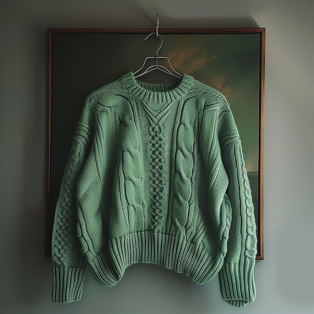 Photo a green sweater hanging on a hanger with a picture of a green sweater hanging on a hanger