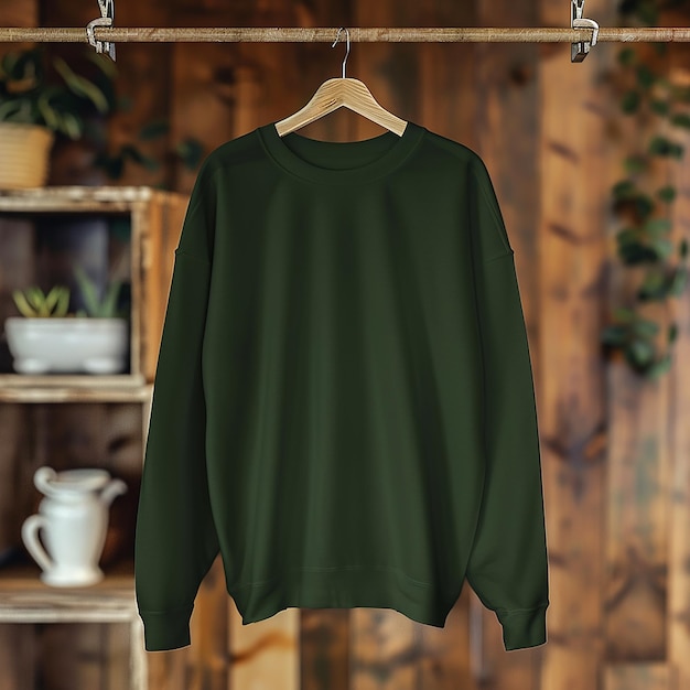 Photo a green sweater hanging on a hanger with a plant on the right side