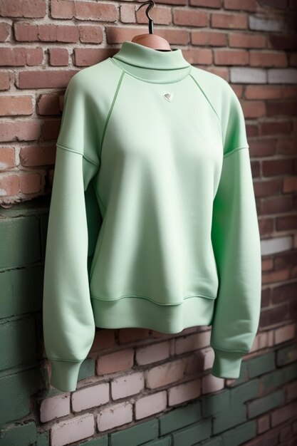 A green sweater with a design on the front.