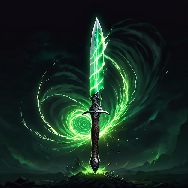 Photo a green sword with a green background with a green dragon on the top