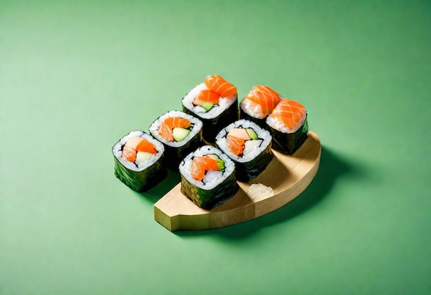 a green table with sushi and sushi on it