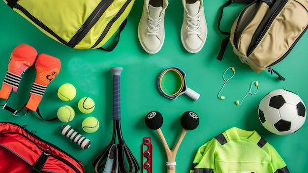 Photo a green table with tennis balls a bag and some other items on it