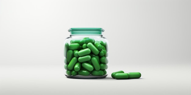 Green Tablets and Capsules in Pharmaceutical Bottle Nutrition and Wellness Concept