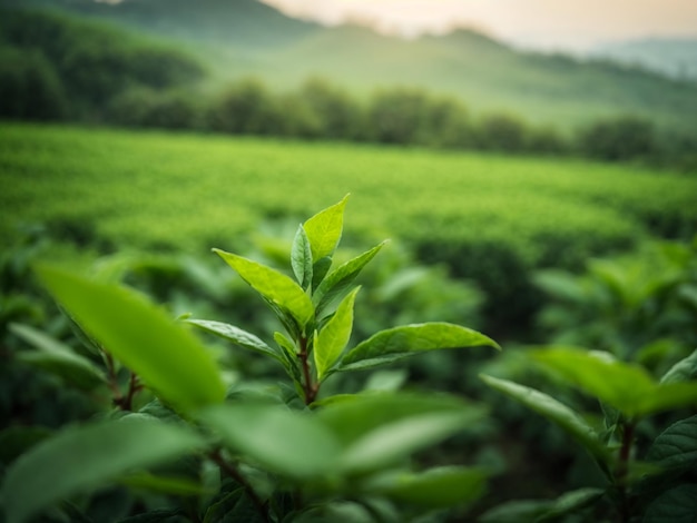 green tea bud and leaves green tea plantations in morning