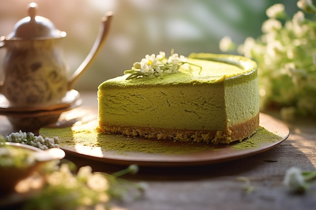 Green tea cheesecake with lilyofthevalley flowers