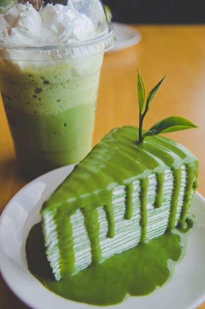 Green tea crepe cake and green tea iced