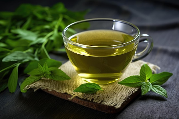 Green Tea Cup on Sackcloth Background CloseUp Shot of Hot Drink with Steaming Aroma Healthy