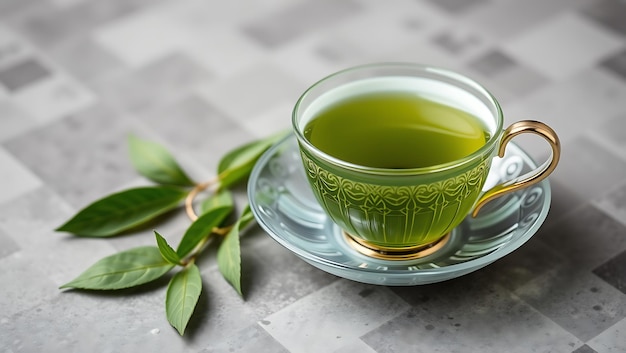 Photo a green tea cup with a green tea in it sits on a table