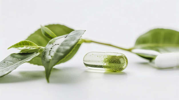 Green tea extract in a pill isolated on white background