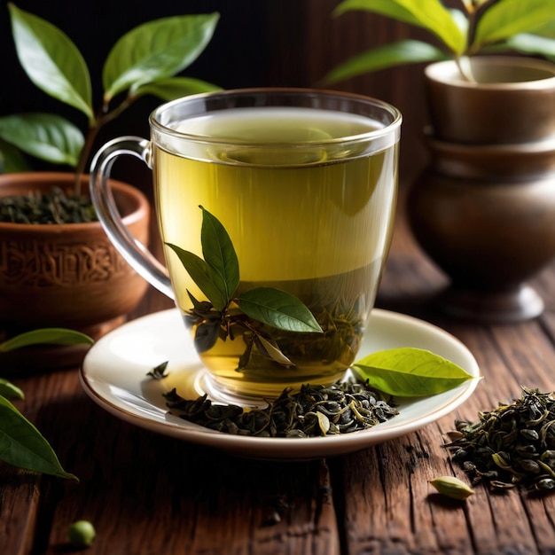 Photo green tea fresh brewed herbal drink with asian tea leaves