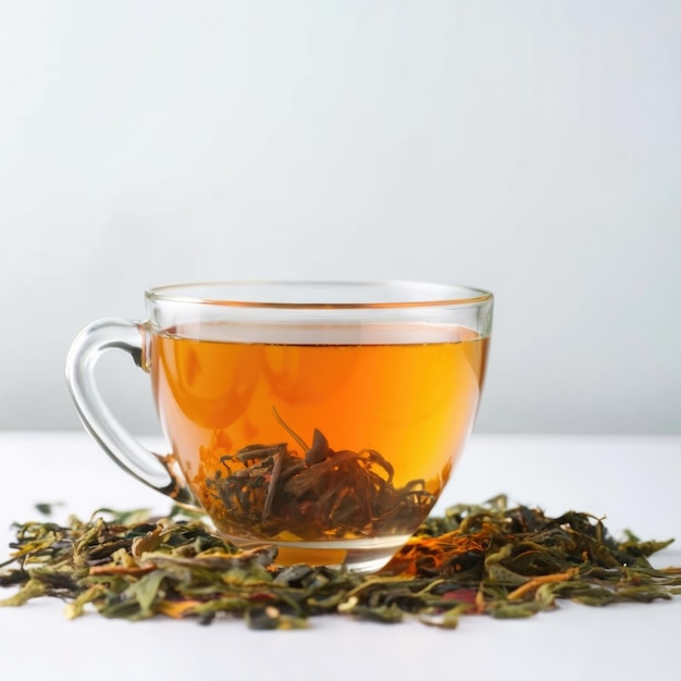 Green tea in glass cup with dry tea and leaves on white background