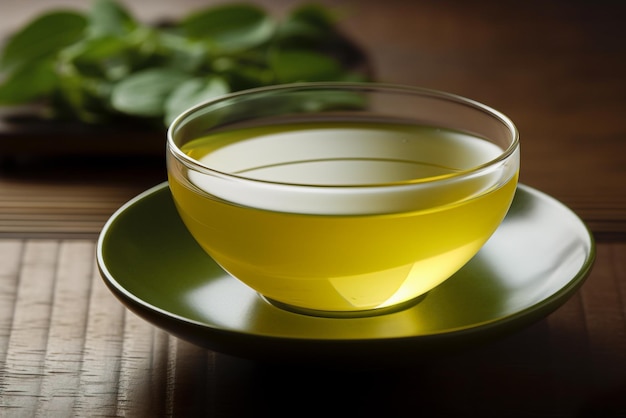 Green tea in a glass cup on a wooden table Black background Generative AI