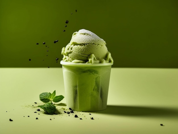 Green tea ice cream with mint leaves on a green background with a splash of chocolate sauce