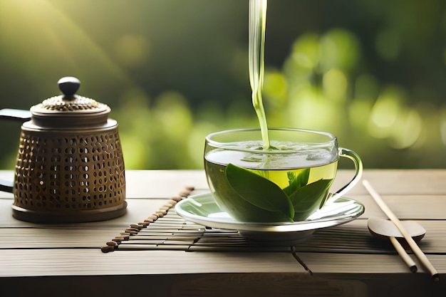 green tea is poured into a cup with a green teapot on a wooden table.