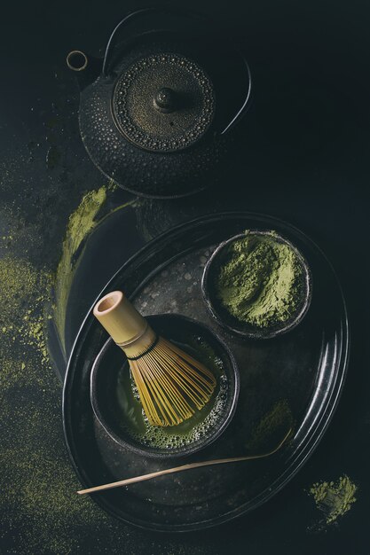 Photo green tea matcha powder and drink