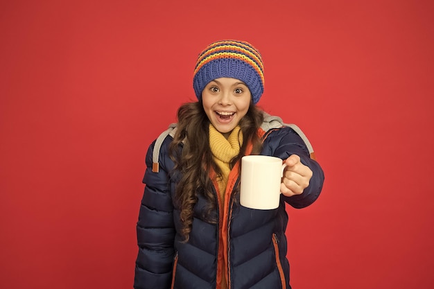 Green tea no sugar Baby tea cup Have warming drink Drinking hot cocoa Hot chocolate recipe Dessert concept Coffee break Hot beverage Idea for warming Happy girl hipster Child warm knitwear