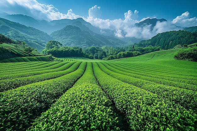 Green tea plantation at sunrise time nature background