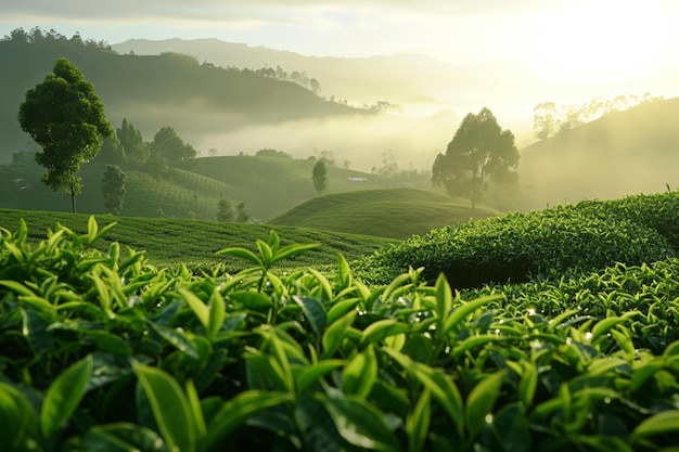 Green tea plantation at sunrise timenature background