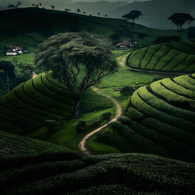 A green tea plantation with a small house on the right.