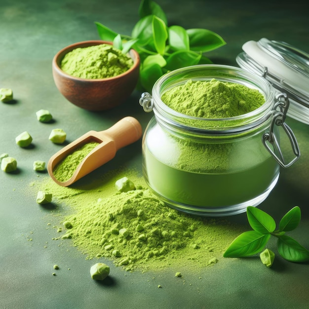 green tea in a pot matcha background