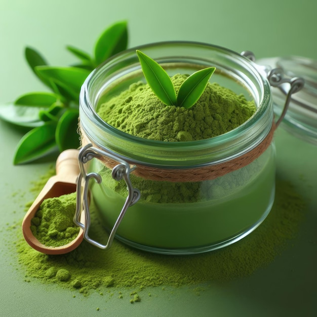 green tea in a pot matcha background