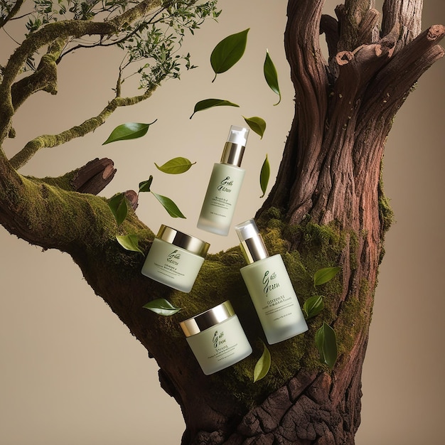 Photo green tea skincare ads with products placed on cut tree trunk and leaves flying