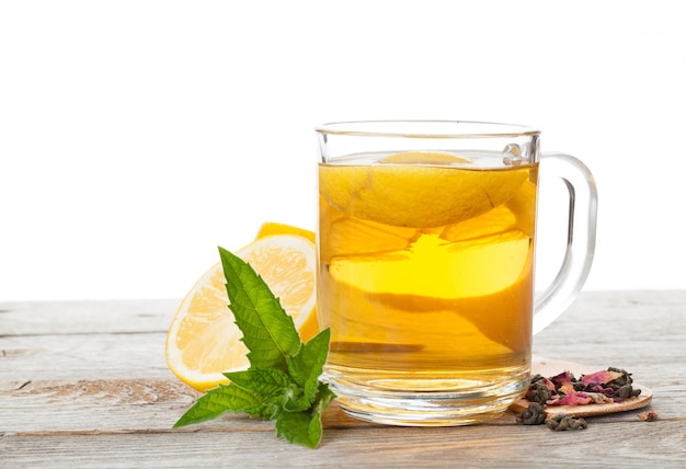 Green tea with lemon and mint on wooden table