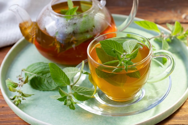 Green tea with mint in a transparent bowl. Healthy food, antioxidants.