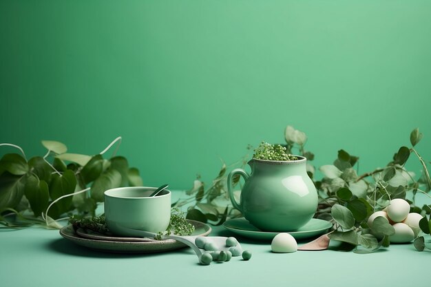 A green teapot with a green background with a bunch of green plants and a cup of water.