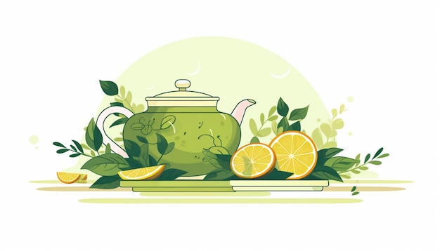 a green teapot with lemons on a tray