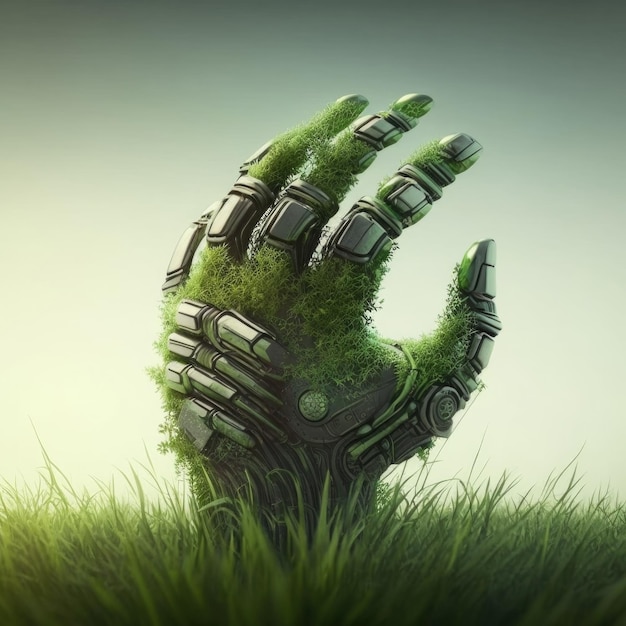 Green technology conceptual design robot arm covered with grass Illustration AI Generative