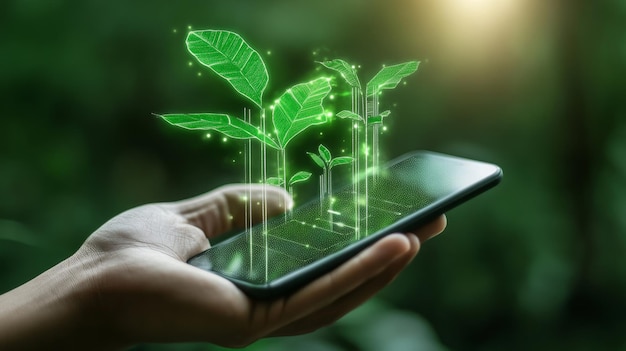 Green Technology and Sustainability in the Palm of Your Hand A hand holds a smartphone with a