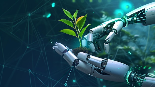 Green Technology Technology and Futuristic Ethic Business Concept Robot holding a plant