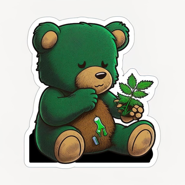 A green teddy bear is holding a green plant.