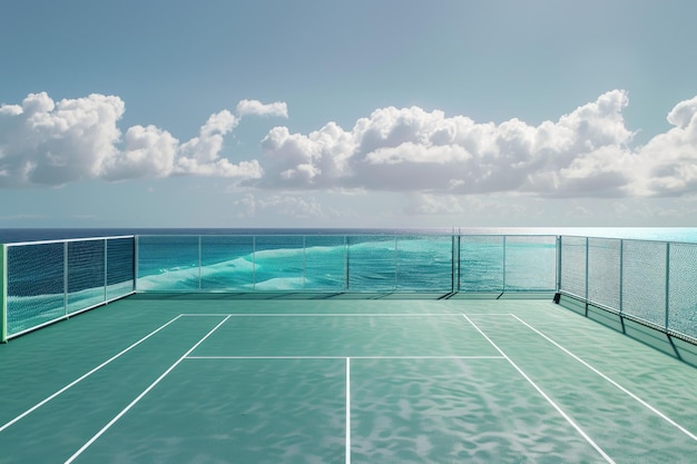 Green Tennis Court by the Sea on white