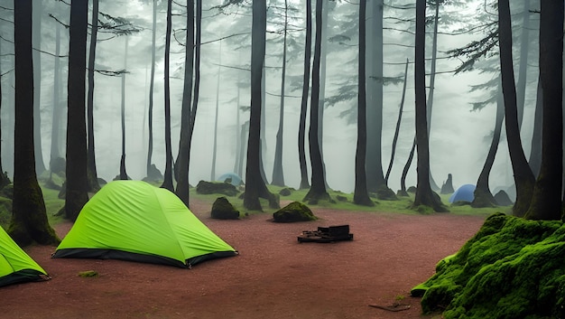 A green tent in a forest with a tree in the background.