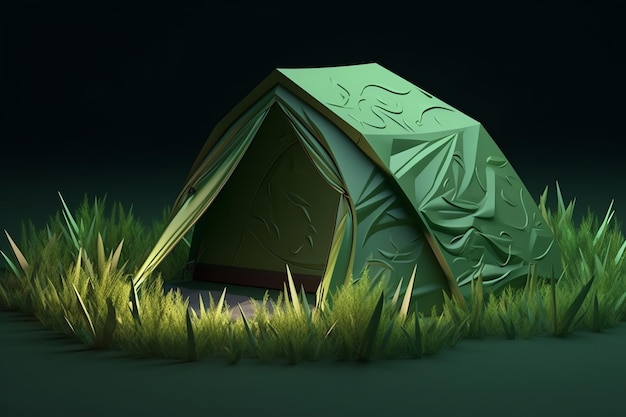 A green tent is set up in a dark scene.