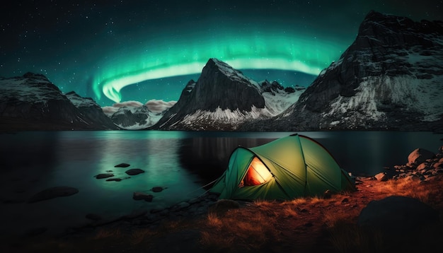 A green tent is set up next to a lake with the aurora borealis in the background.