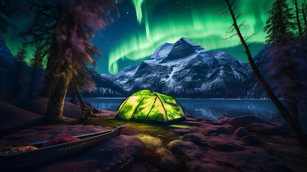 A green tent with the aurora in the background