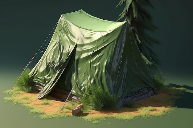 A green tent with a tree in the background