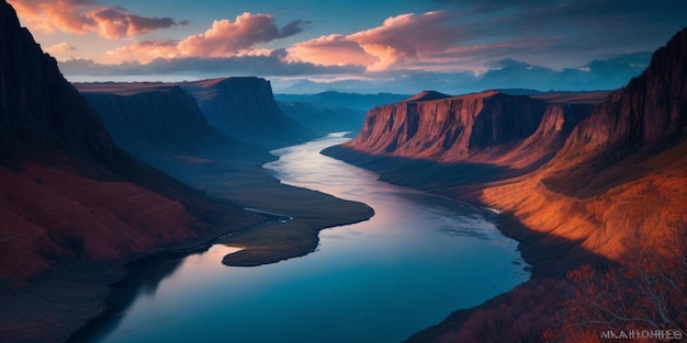 Green terrain surrounded by rivers and a dynamic beautiful sky