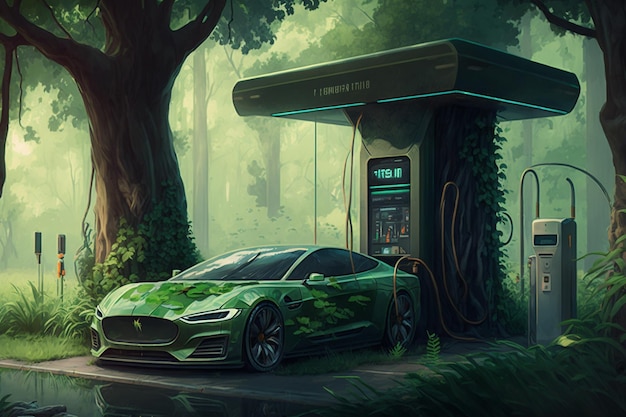 A green tesla model s car is parked in a forest.