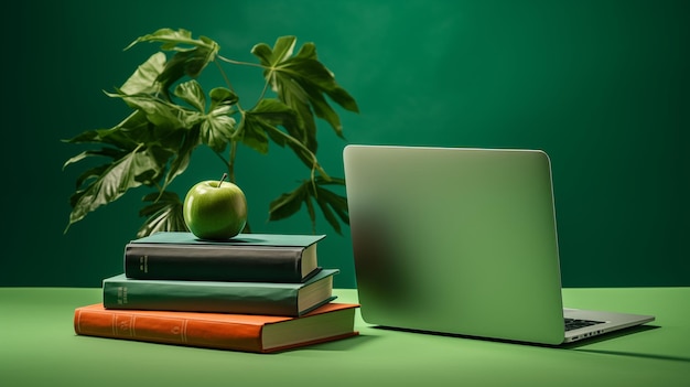 Green themed workspace with closed laptop stack of books and an apple