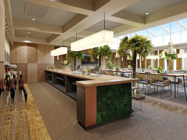 Green tiled bar counter with bar stools in a modern restaurant with palm trees