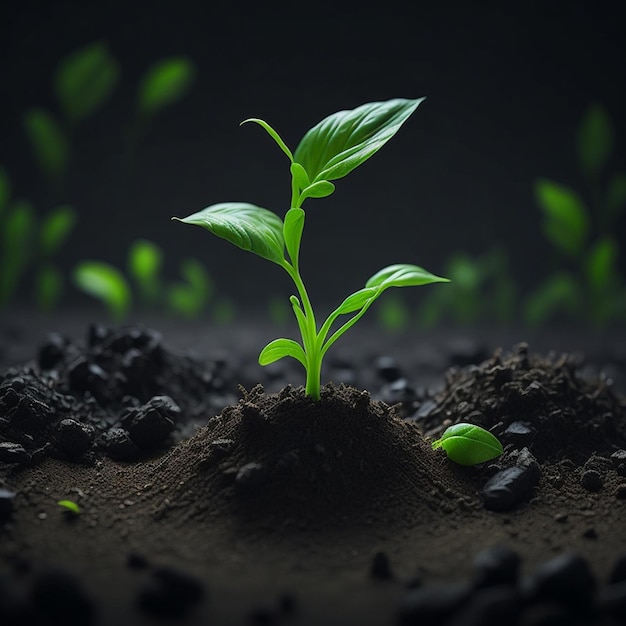 Green tiny plant in dark soil