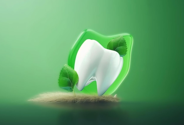 A green tooth with a leaf