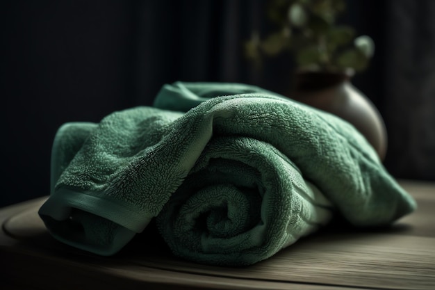 A green towel on a table with a plant in the background